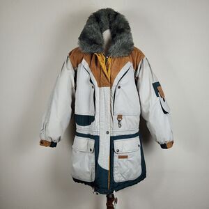 VTG Gallery Coat XS Taupe Multicolor Color Block Leather Trim Faux Fur Parka 90s